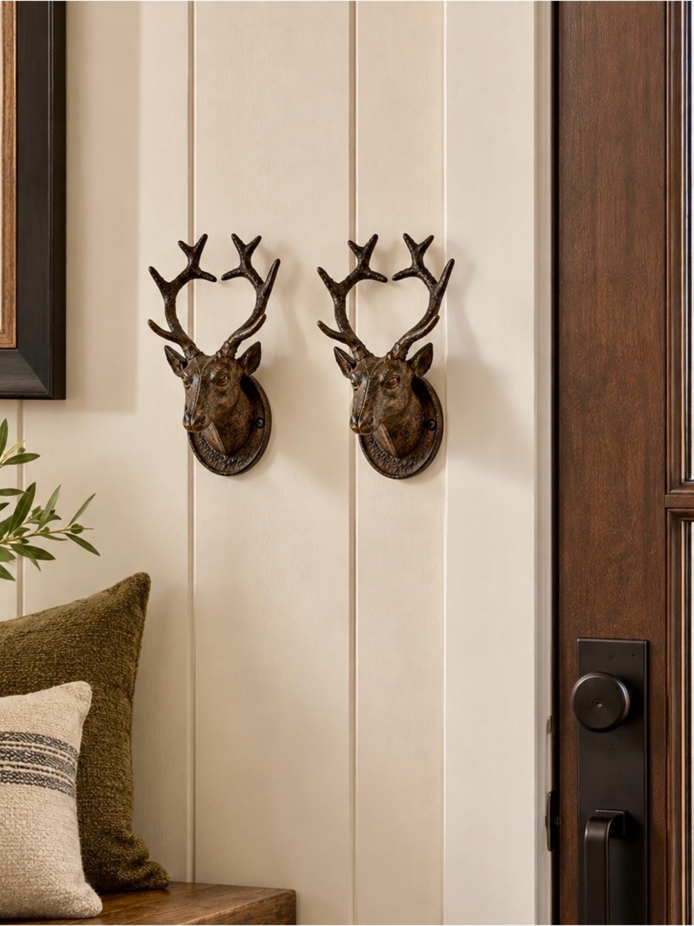 Rustic Cast Iron Deer Elk Head Wall Hook Brown Rustic Set of 2 NWT